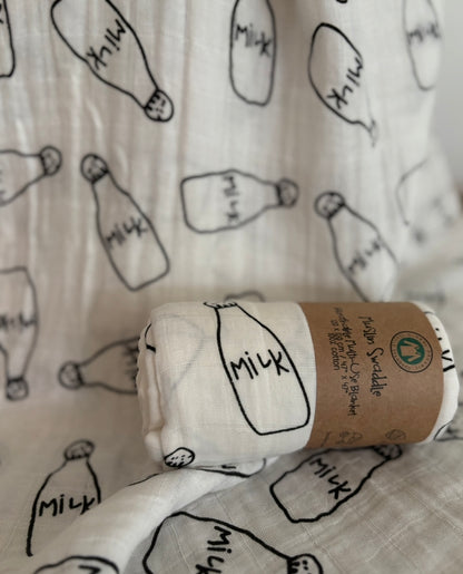 Cotton Muslin Swaddle - Milk Bottles