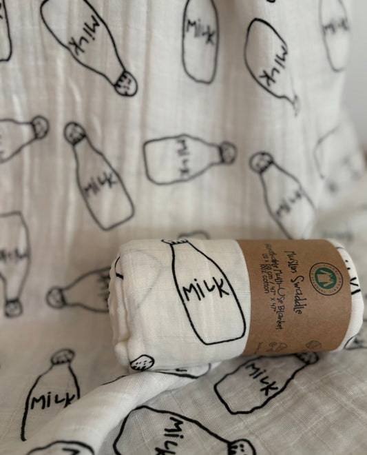 Cotton Muslin Swaddle - Milk Bottles